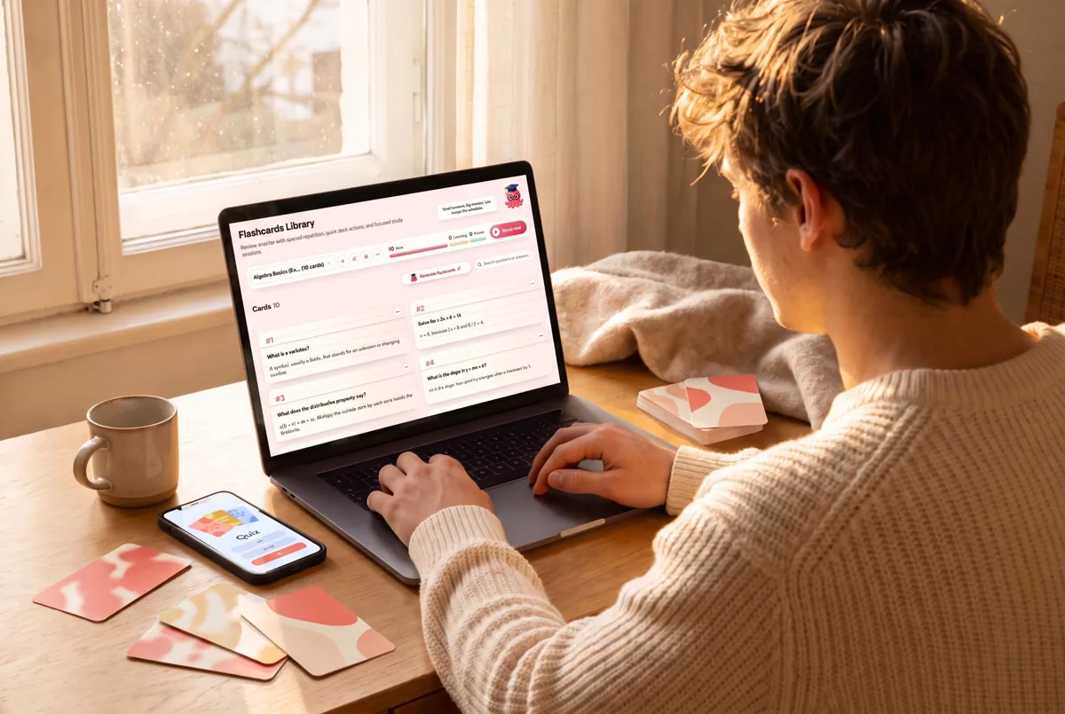 A student with the Eduloo flashcards library open on a laptop