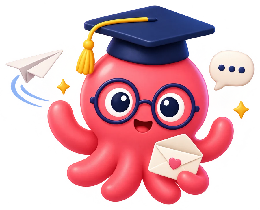Loo the octopus sending a paper airplane and holding a letter