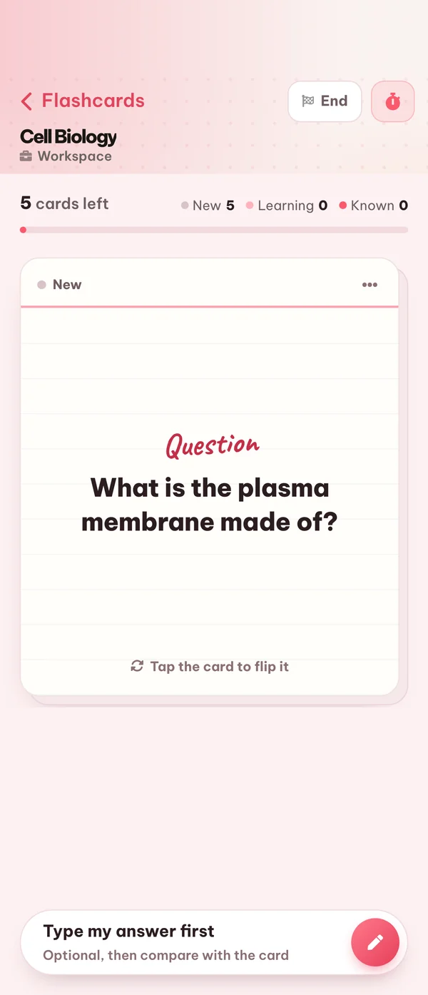 A flashcard and a quiz on cell biology in the Eduloo app