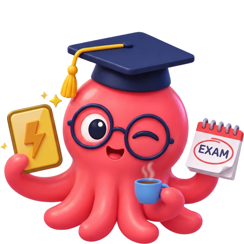Loo the Eduloo mascot winking, holding a lightning flashcard, a coffee and an exam calendar