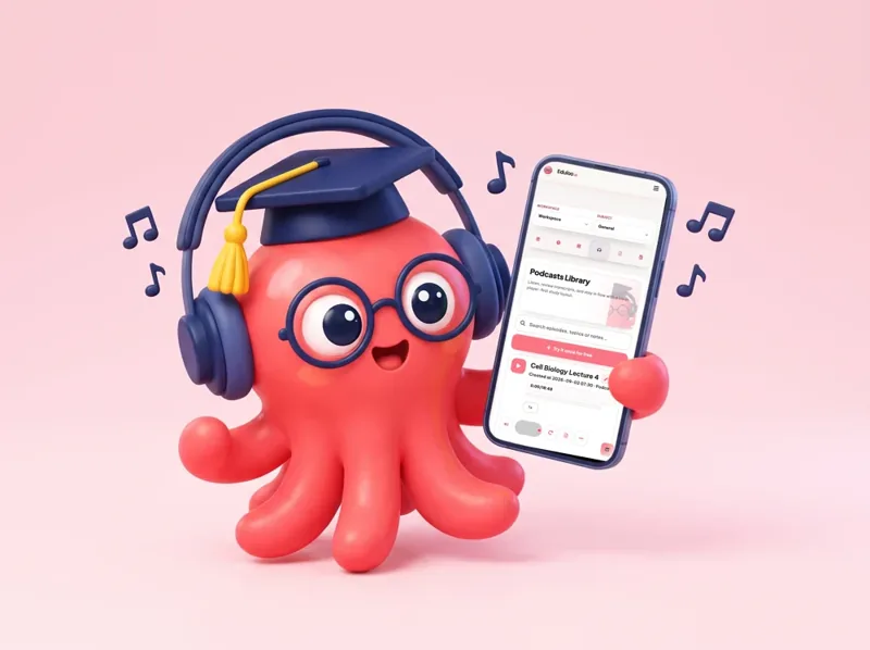 Loo the octopus with headphones on, holding a phone that plays a study podcast in the Eduloo app
