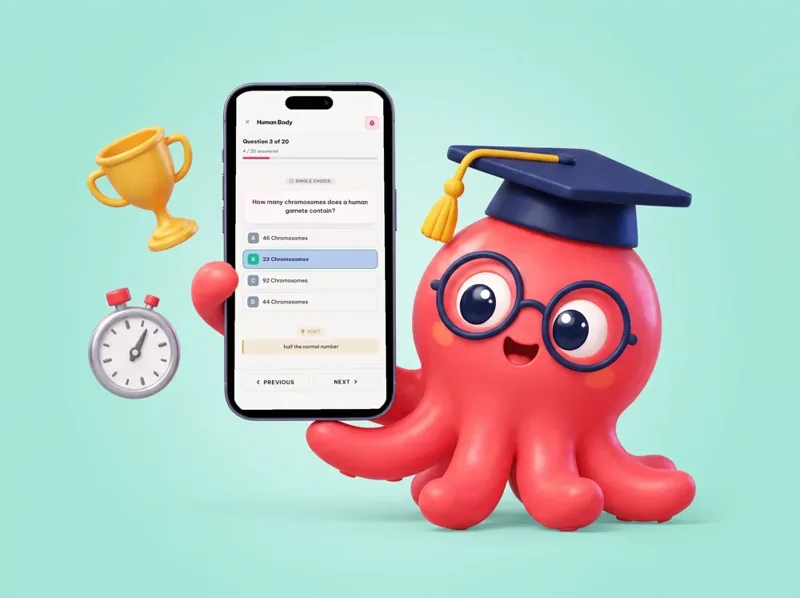 Loo the octopus holding a phone with an Eduloo quiz question on screen
