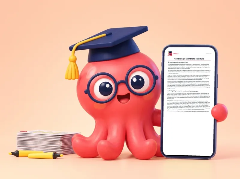 Loo the octopus next to a stack of papers and highlighters, holding a phone with an Eduloo summary on screen