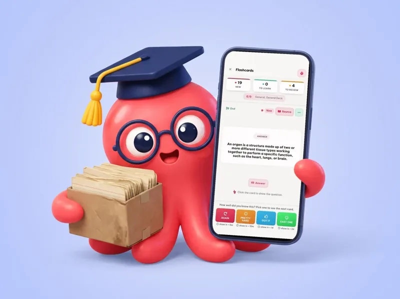 Loo the octopus carrying a box of old flashcards, holding a phone with Eduloo flashcard ratings on screen