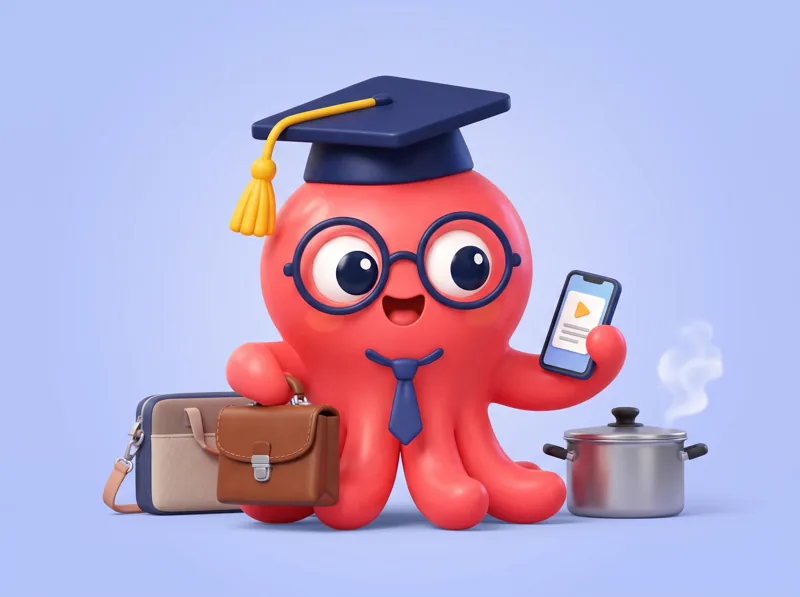 Loo the octopus with a briefcase and a phone of flashcards next to a cooking pot
