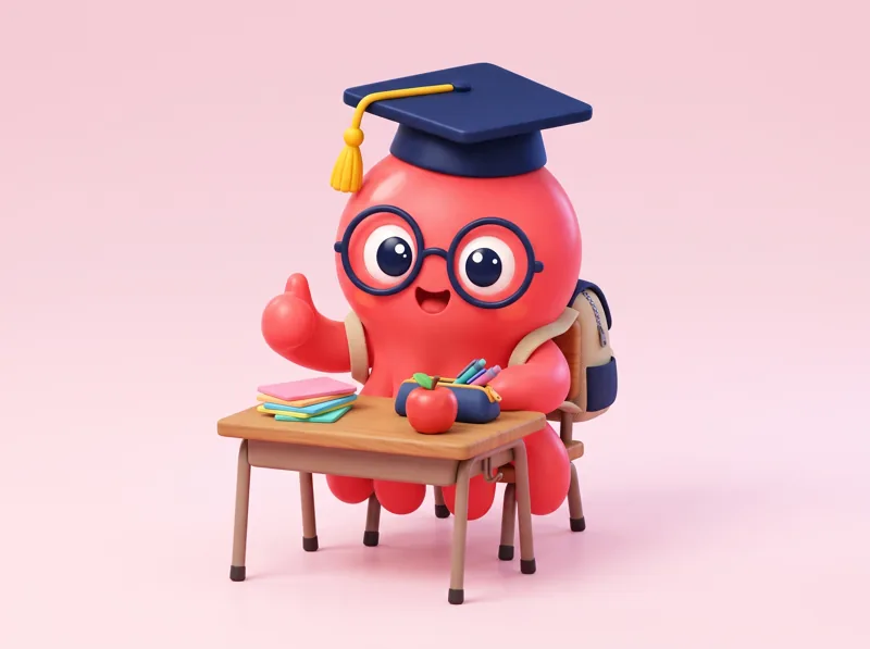 Loo the octopus at a school desk with flashcards, giving a thumbs up