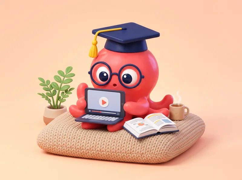 Loo the octopus on a floor cushion watching an online lesson on a laptop