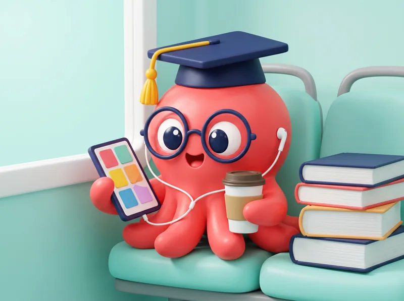 Loo the octopus on a bus with earbuds, a tablet of flashcards and a coffee