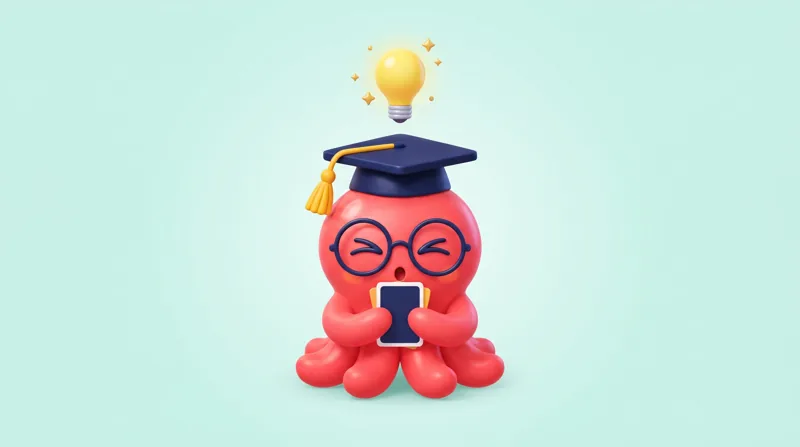 Loo the octopus thinking hard with a lightbulb and a flashcard