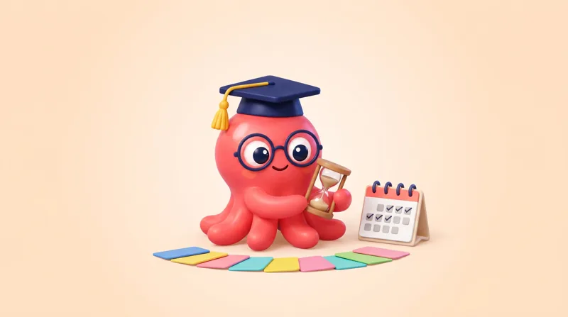 Loo the octopus with a calendar of checked-off review days and an hourglass